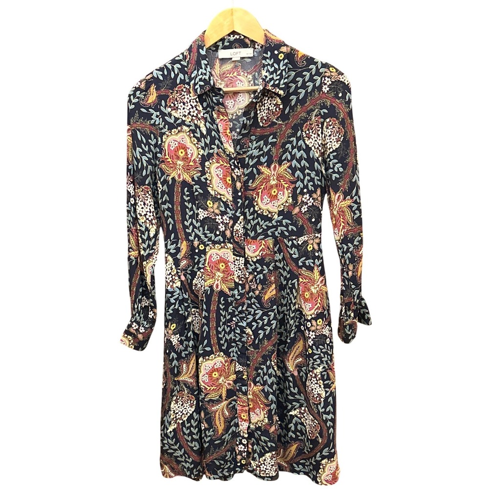 LOFT Shirt Dress Boho Botanical Paisley 2P  Cottagecore Earthy Dark Floral